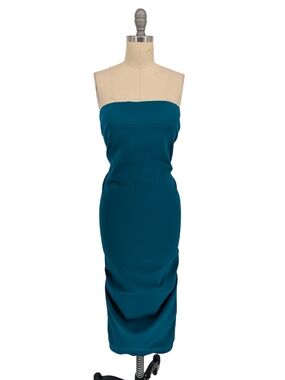 01348 Aida Strapless Ruched Ruffle Midi Dress Teal size 10 preppy cocktail party